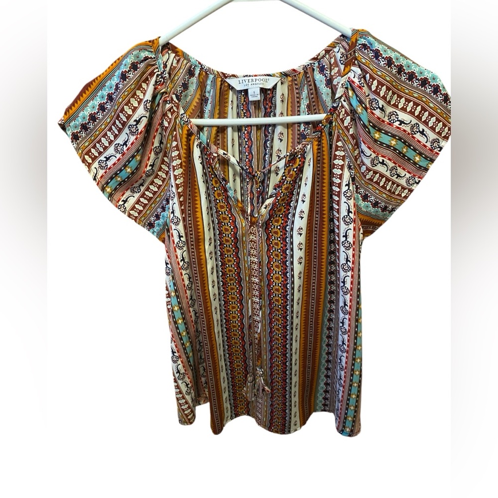 Liverpool Brown and Blue Flutter Sleeve Blouse with Tie Front
